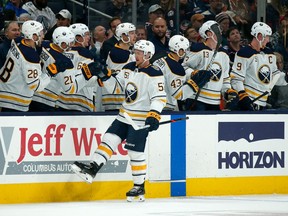 Sabres' Jeff Skinner is congratulated by teammates after scoring a goal Monday night against the Blue Jackets. Skinner, who signed a $72-million contract this past off-season, has 2-1-3 totals this season.