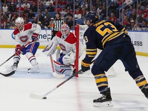 Canadiens goalie Keith Kinkaid keeps a watchful eye on Sabres forward  Jeff Skinner during the second period Wednesday night in Buffalo.