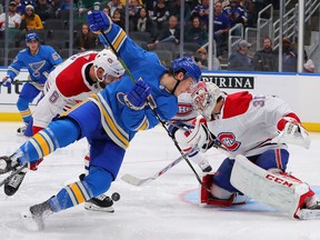 Canadiens' Carey Price  makes a save against the Blues' Sammy Blais on Saturday, Oct. 19, 2019, in St Louis.