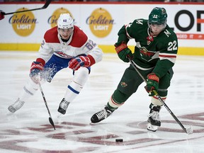Kevin Fiala of the Minnesota Wild controls the puck against Artturi Lehkonen of the Montreal Canadiens during the second period of the game at Xcel Energy Center on Sunday, Oct. 20, 2019, in St Paul.