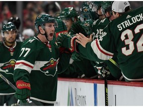 The Minnesota Wild’s Brad Hunt celebrates after scoring a power-play goal in the third period of NHL game against the Montreal Canadiens at the Xcel Energy Center on Oct. 20, 2019.