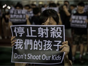 Pro-democracy protesters gather for a rally in Tsuen Wan on Oct. 2, in Hong Kong. Earlier, police shot a protester in the chest.