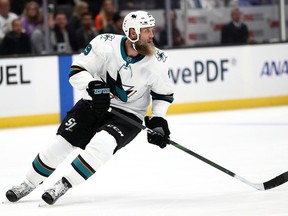 Sharks centre Joe Thornton, 40, was the No. 1 overall pick at the 1997 NHL Draft by the Boston Bruins. He has 0-3-3 totals in nine games this season.