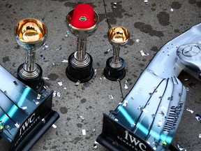 First place, third place and constructors' trophies are displayed after Mercedes secured its sixth straight constructors' championship at the Japanese Grand Prix on Oct. 13.