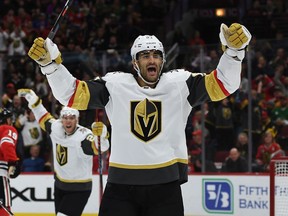Max Pacioretty of the Vegas Golden Knights celebrates a goal by Nick Holden during the third period against the Chicago Blackhawks at the United Center on Oct. 22, 2019 in Chicago.