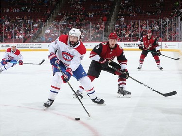 Canadiens coach Claude Julien said he was pleased to see the fourth line of Nick Cousins, Nate Thompson (pictured with Coyote's Christian Dvorak on Oct. 30) and Nick Suzuki contributing to the offence. “Thompson’s a 35-year-old veteran that’s playing pretty good hockey right now,” said Julien.