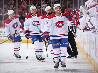 The Canadiens’ final goal featured a slick pass from rookie Nick Suzuki to Nick Cousins, here celebrating after the goal against the Arizona Coyotes, who were defeated 4-1 in Arizona.