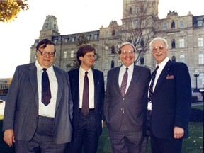 Newly elected Equality Party MNAs Neil Cameron (left), party leader Robert Libman, Richard Holden and Gordon Atkinson pose at the National Assembly in Quebec City on Oct. 13, 1989. This photo was published the following day.