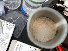 Chemicals and equipment found in a methamphetamine manufacturing lab in the U.S.