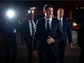 Canadian Prime Minister Justin Trudeau (Leader of the Liberal Party of Canada) arrives for the French debate for the 2019 federal election, the "Face-a-Face 2019" presented in the TVA studios, in Montreal, Quebec, Canada, on October 2, 2019. - Prime Minister Justin Trudeau will appear for his first debate of the 2019 election on Wednesday, facing off against main rival Andrew Scheer of the Conservative Party just three weeks ahead of the knife-edge vote. They will spar in French, looking to sway votes in the key battleground of Quebec, where one quarter of the 338 seats in parliament are up for grabs. (Photo by Sebastien ST-JEAN / AFP)