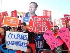 People rally outside The Leaders Debate at the Canadian Museum of History in Gatineau, Quebec on October 10, 2019.