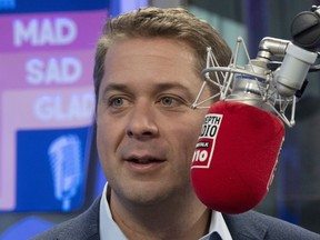 Conservative Leader Andrew Scheer participates in a radio interview in Toronto, Ont. Thursday October 17, 2019.