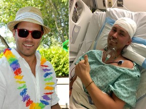Cédric Finn died of cancer at 27. His brother is raising money for the Cedars Cancer Foundation. At right, Cédric gives the thumbs up after having brain surgery.