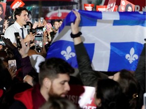 Justin Trudeau speaks during a rally in Montreal on Oct. 17, 2019.