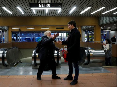 Canadian Prime Minister Justin Trudeau greets commuters at Jarry métro station Oct. 22, 2019.