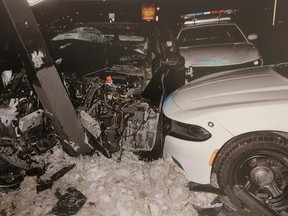 A police photo of the scene of the crash that injured Nancy Carrier while she was shovelling snow in front of her home. Sébastien Théodore is on trial on charges alleging he drove recklessly during a police chase. Credit: court files