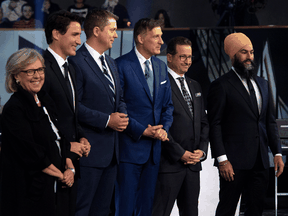 Green Party Leader Elizabeth May, Liberal Leader Justin Trudeau, Conservative Leader Andrew Scheer, People's Party of Canada Leader Maxime Bernier, Bloc Québécois Leader Yves-François Blanchet and NDP Leader Jagmeet Singh are seen before the Federal leaders debate in Gatineau on Monday, Oct. 7, 2019.