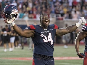 Montreal Alouettes' Fabion Foote reacts after defeating the Winnipeg Blue Bombers in Montreal on Sept. 21, 2019.