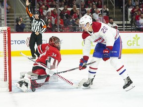 Carolina Hurricanes' Petr Mrazek stops a breakaway shot from Montreal Canadiens defenceman Cale Fleury during the third period at PNC Arena in Raleigh on Oct. 3, 2019.