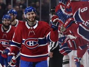 Canadiens defenceman Victor Mete is all smiles after finally scoring his first NHL goal during his 127th game at the Bell Centre in Montreal.