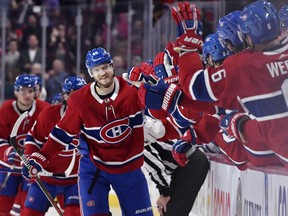 Canadiens Joel Armia reacts with teammates after scoring a goal against the Toronto Maple Leafs at the Bell Centre on Saturday, Oct. 26, 2019.