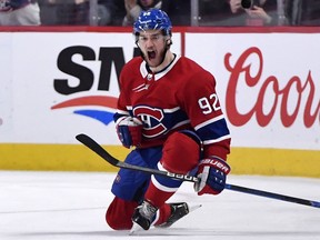 Canadiens' Jonathan Drouin reacts after scoring a goal against the Toronto Maple Leafs during the third period at the Bell Centre on Saturday, Oct. 26, 2019