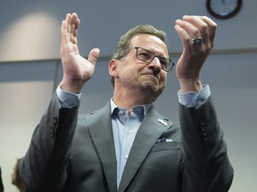 Bloc Quebecois Leader Yves-Francois Blanchet reacts as he presides over the first party caucus, Thursday, October 24, 2019 in Quebec City.