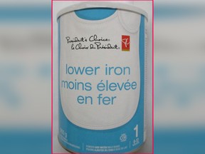 A 900-gram container of President's Choice: Lower Iron milk-based powdered infant formula.