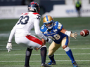 Blue Bombers' Rasheed Bailey (88) can't hang onto the pass as Montreal Alouettes' Jarnor Jones defends during the first half of CFL action in Winnipeg on Saturday, Oct. 12, 2019.

