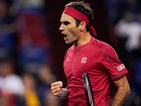 Roger Federer of Switzerland reacts during his match against Spain's Albert Ramos-Vinolas.