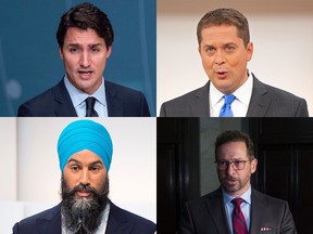 The participants in TVA's Oct 1., 2019, debate are (clockwise from top left) Justin Trudeau, Andrew Scheer, Yves-Francois Blanchet and Jagmeet Singh