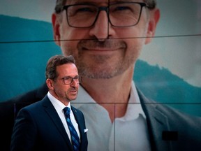 Leader of the Bloc Québécois Yves-François Blanchet arrives for the French debate for the 2019 federal election, the "Face-a-Face 2019" presented in the TVA studios in Montreal on Oct. 2, 2019.