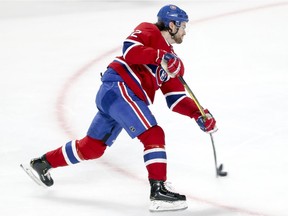 Montreal Canadiens' Jonathan Drouin takes a shot during warmup prior to game against the Florida Panthers in Montreal on Jan. 15, 2019.