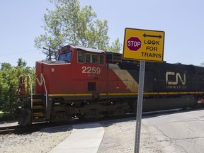 CN engines pull freight wagons and containers over a level crossing in Barrington, Illinois, in 2015.