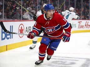 Canadiens' Nick Suzuki follows the play during the third period against the San Jose Sharks in Montreal on Oct. 24, 2019.