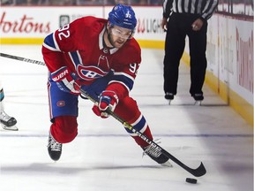 Montreal Canadiens' Jonathan Drouin skates with the puck during the first period against the San Jose Sharks in Montreal on Oct. 24, 2019.