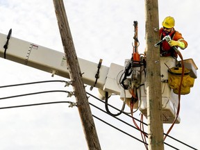 Hydro lineman Eric Bernard prepares a new hydro pole to replace one that broke on Sunnyside Ave. in Pointe Claire, Nov. 2, 2019.