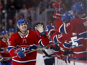 Montreal Canadiens centre Ryan Poehling celebrates scoring a hat trick against Toronto Maple Leafs goaltender Frederik Andersen during his NHL debut in Montreal on April 6, 2019.
