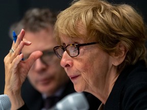 Office de consultation publique de Montréal commissioner Ariane Émond listens to testimony during hearings examining systemic discrimination and racism on Tuesday.