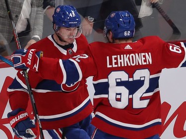 Montreal Canadiens' Paul Byron (41) celebrates his goal with teammate Artturi Lehkonen (62) during first period NHL action in Montreal on Tuesday November 5, 2019.