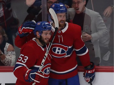 Montreal Canadiens' Victor Mete (53) celebrates goal with Jeff Petry (26) against the Boston Bruins, during first period NHL action in Montreal on Tuesday November 5, 2019.
