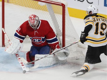 Montreal Canadiens goaltender Carey Price stops puck on Boston Bruins Zach Senyshyn, during first period NHL action in Montreal on Tuesday November 5, 2019.