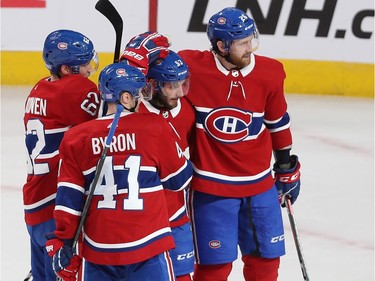 Montreal Canadiens Victor Mete (53) celebrates his goal with teammates Artturi Lehkonen (62), Paul Byron (41) and Jeff Petry (26), against the Boston Bruins during second period NHL action in Montreal on Tuesday November 5, 2019.