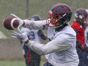 Receiver Jake Wieneke catches a pass during Montreal Alouettes practice in Montreal Thursday November 7, 2019.  The CFL announced Thursday that Wieneke was the Eastern Conference nominee as Most Outstanding Rookie.  The Alouettes meet the Edmonton Eskimos in the Eastern Conference semi-final game on Sunday in Montreal.