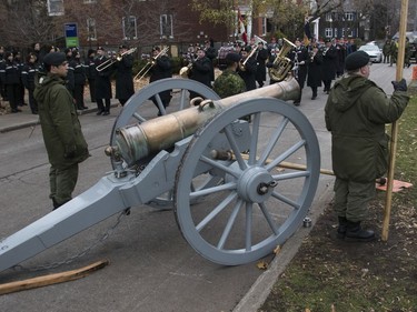 A restored cannon is displayed during the Remembrance Day ceremony at the Westmount Cenotaph in Montreal on Sunday, Nov. 10, 2019.