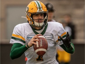 Edmonton Eskimos quarterback Trevor Harris looks down field against the Alouettes during CFL Eastern Semifinal action at Molson Stadium in Montreal on Sunday, Nov. 10, 2019.