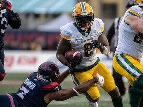 Edmonton Eskimos running back C.J. Gable (2) eludes the grasp of Montreal Alouettes defensive end John Bowman (7) during 2nd half Eastern Semi-Final CFL action at Molson Stadium in Montreal on Sunday November 10, 2019.