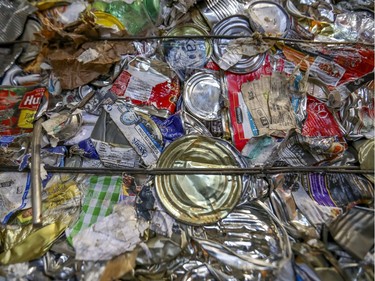 A bale of sorted recycled materials in Montreal's new recycling plant Nov. 12, 2019.