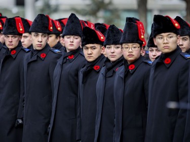 Officer cadets from the Royal Military College Saint-Jean during Remembrance Day ceremony at Place du Canada in Montreal on Monday, Nov. 11, 2019.
