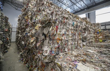 Bales of sorted recycled materials in Montreal's new recycling plant Nov. 12, 2019.